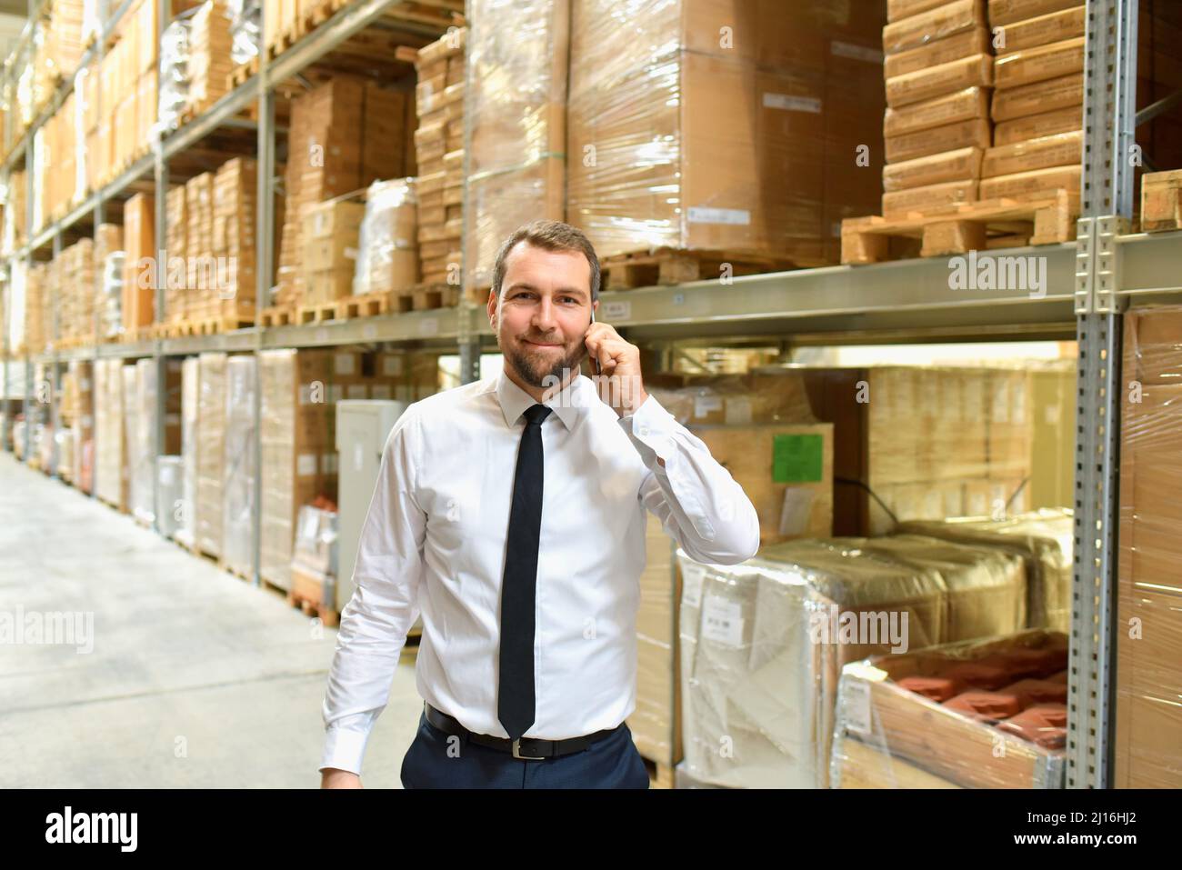 uomo d'affari/manager al telefono nel magazzino di un'azienda Foto Stock
