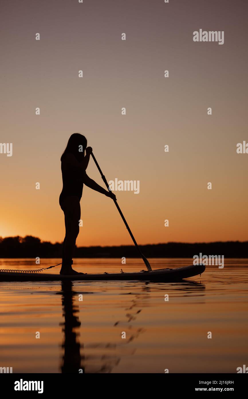 Basso angolo di silhouette donna in piedi su paddle board con paddle in mani sul lago al tramonto con gli alberi sullo sfondo in estate. Attivo Foto Stock