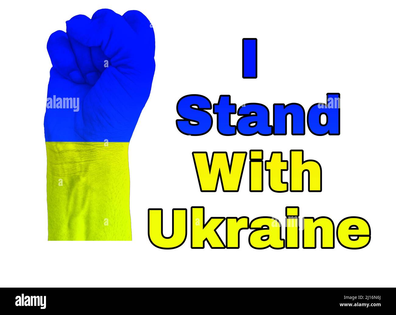 Il pugno dell'uomo con una bandiera dell'Ucraina isolato su i Stand con Ucraina testo sfondo bianco Foto Stock