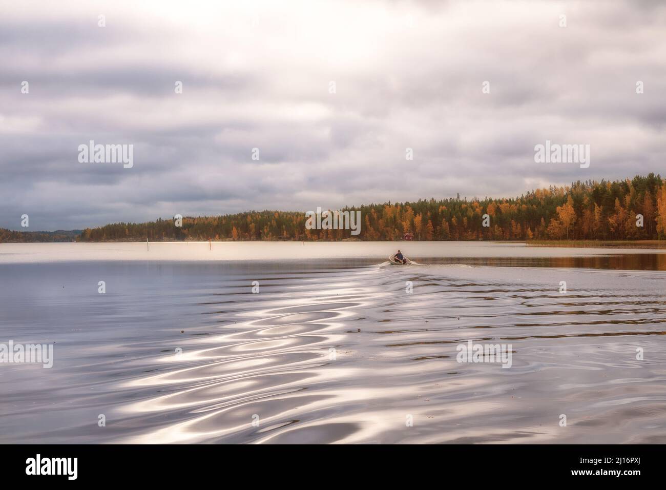 Suggestivo paesaggio finlandese. Grande lago nel sud della Finlandia in una nuvolosa mattinata d'autunno. Un motoscafo lascia un motivo bizzarro sulla superficie della w Foto Stock