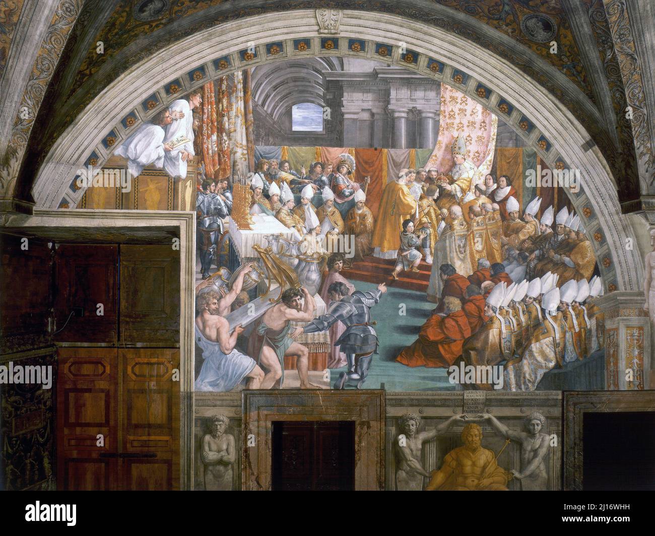 L'incoronazione di Carlo Magno, dipinta dagli assistenti di Raffaello, 1516–1517, Stanze di Raffaello, Palazzo Apostolico, artista di Città del Vaticano Raffaello (1483–1520) Foto Stock