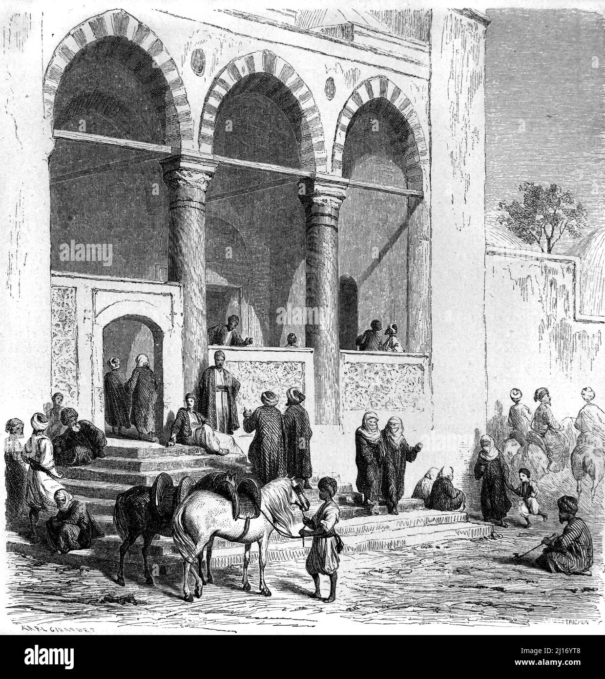 Turchi ottomani fuori da una moschea ottomana turca a Salonicco Grecia. Illustrazione o incisione vintage 1860. Foto Stock