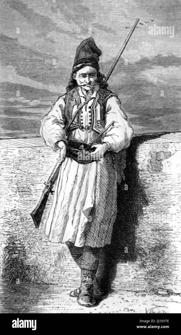 Soldato albanese o Guardia che protegge l'ingresso al Monte Athos Grecia. Illustrazione o incisione vintage 1860. Foto Stock