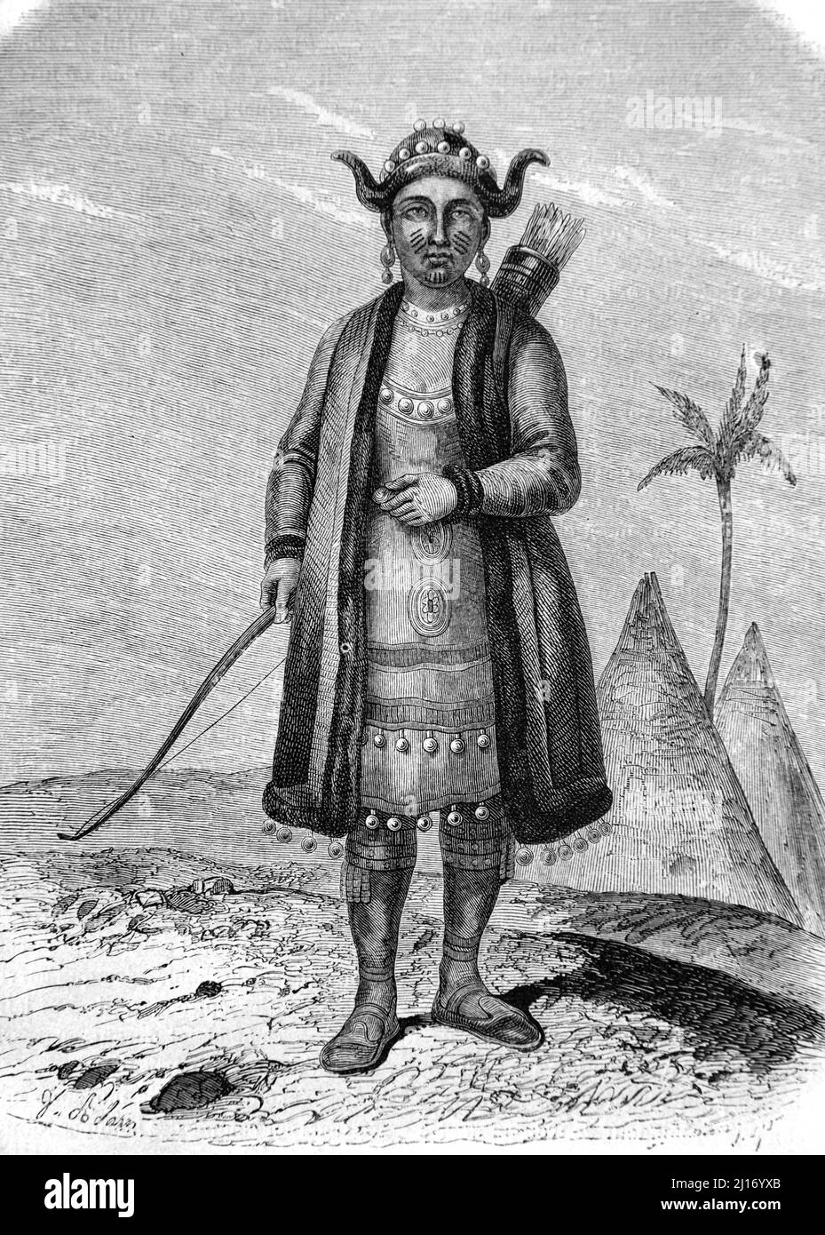 Ritratto a tutta lunghezza di donna etnica Yakut che indossa abiti tradizionali, costume folcloristico o abito etnico (ora nella Repubblica di Sakla, Russia) Illustrazione o incisione vintage 1860. Foto Stock