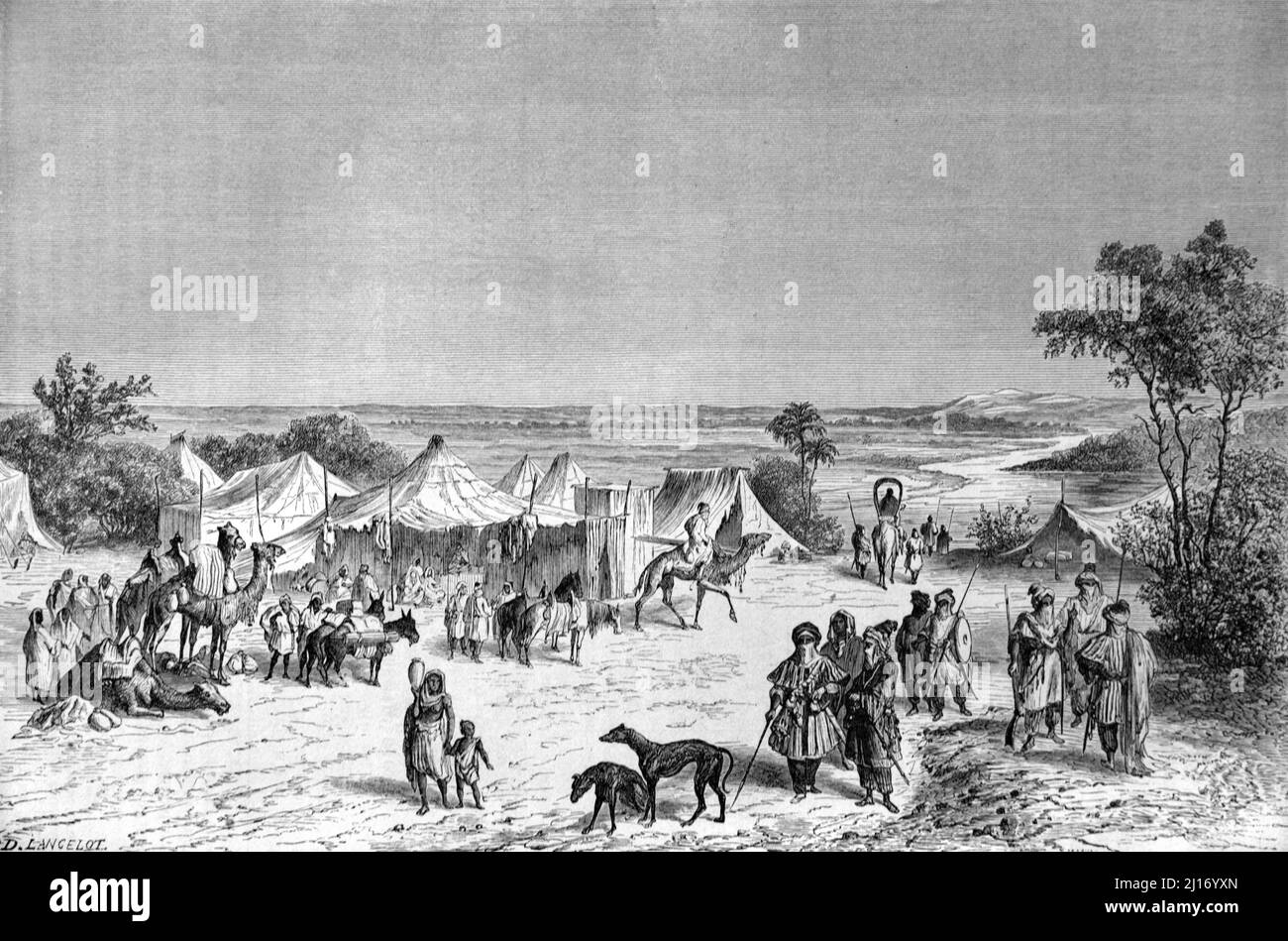 Campo Nomadico Tuareg o accampamento nella regione del Sahara del Nord Africa. Illustrazione o incisione vintage 1860. Foto Stock