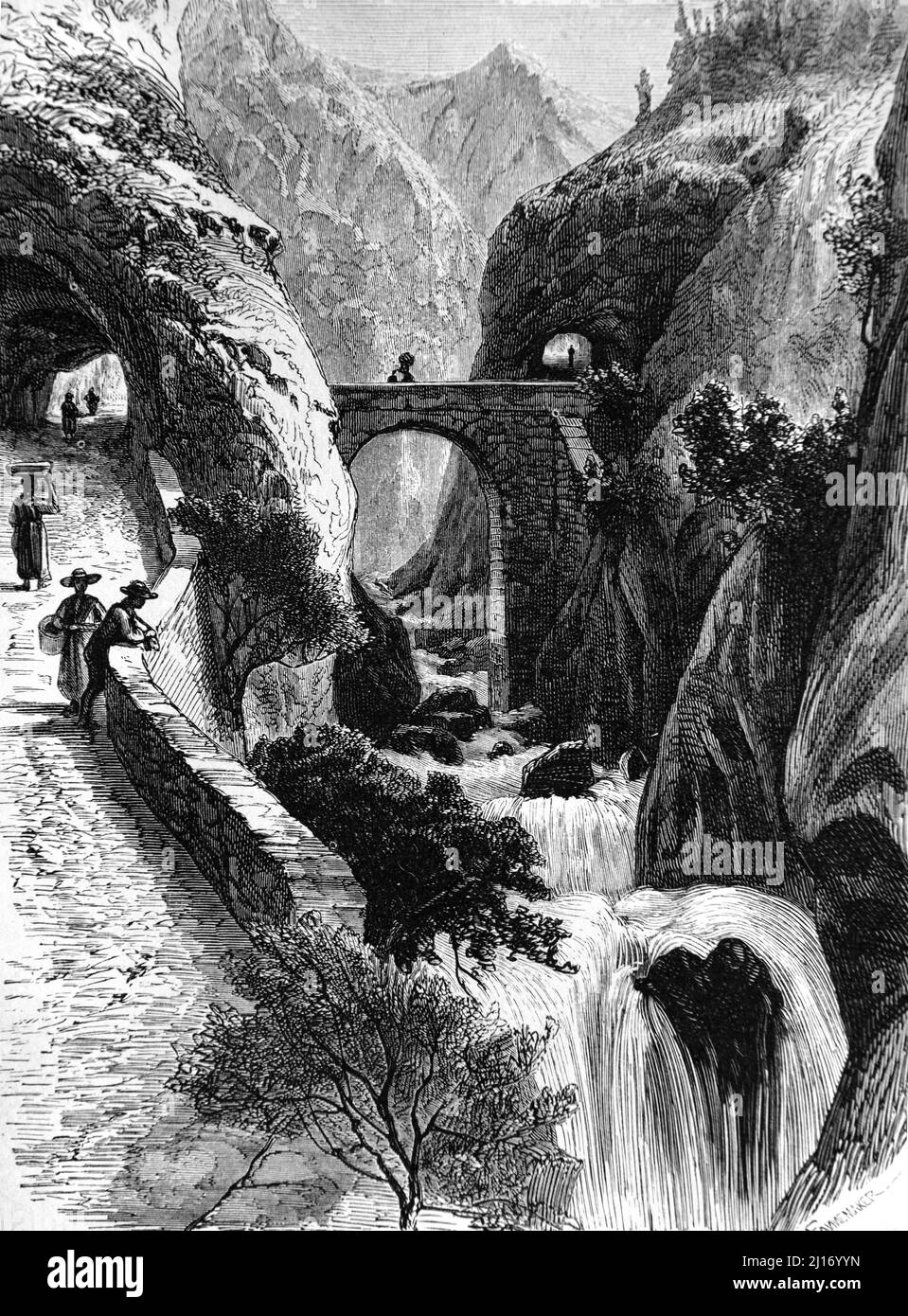 Les Grands Goulets Gorge, Waterfall & Vernaison River nel Vercors Massif Drôme Francia. Illustrazione o incisione vintage 1860. Foto Stock