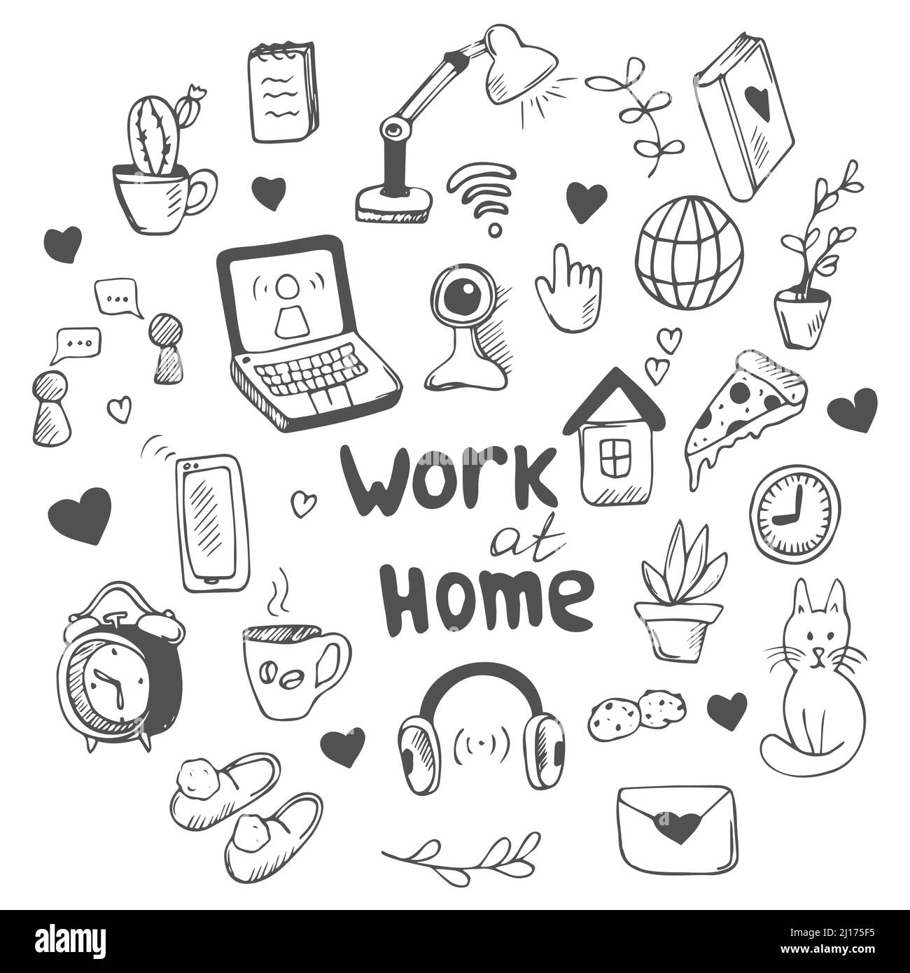 Doodle stile vettore set circa lavorare a casa durante il coronavirus pandemic, freelancing, e auto-isolamento. Elettrodomestici per stampante da lavoro, moni Illustrazione Vettoriale