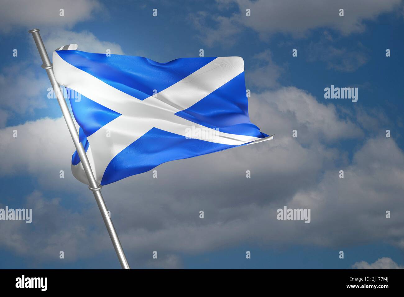 Bandiera della Scozia. La bandiera scozzese che sventola sullo sfondo blu del cielo. 3D rappresentazione illustrazione. Foto Stock