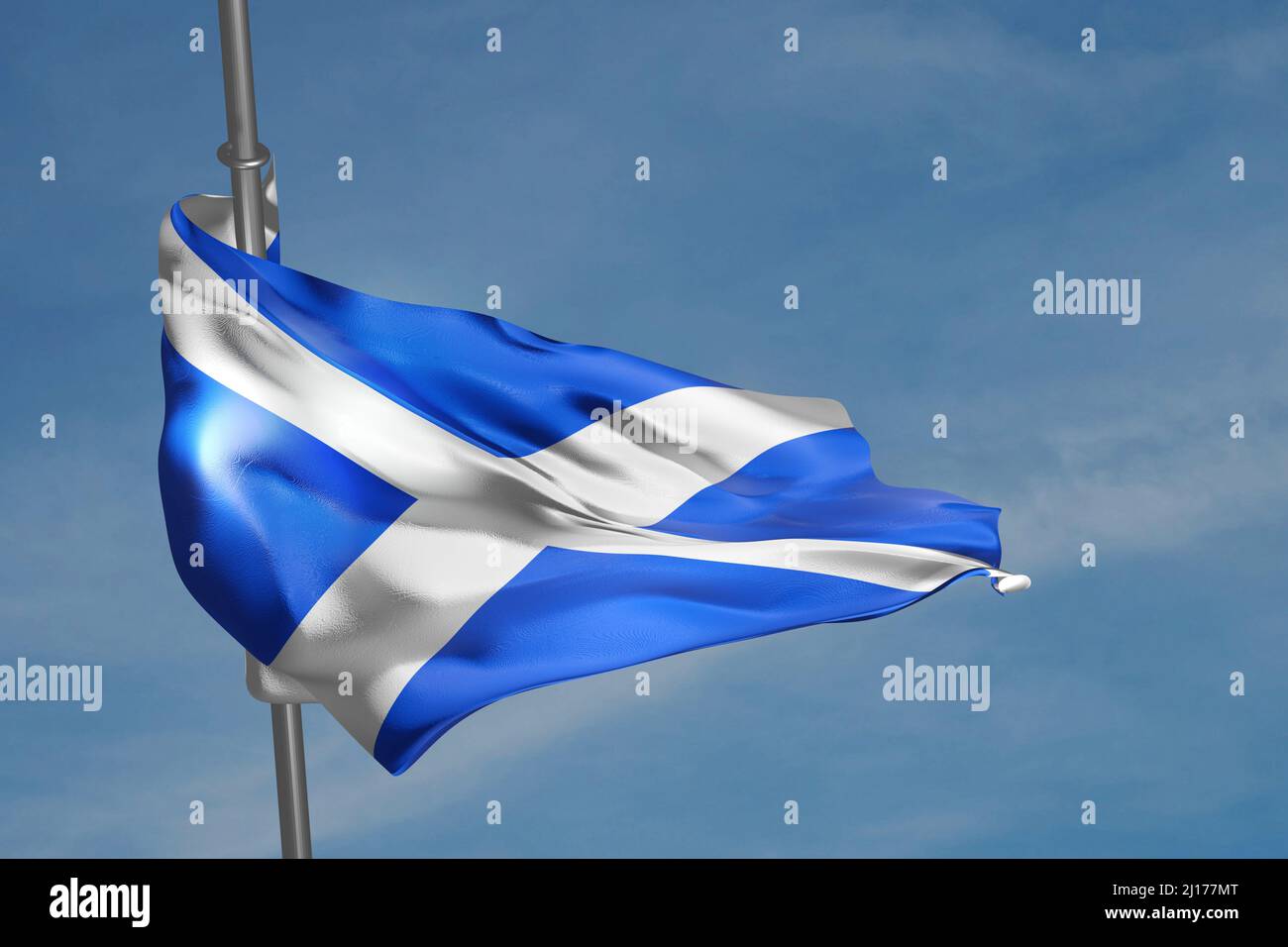 Bandiera della Scozia. La bandiera scozzese che sventola sullo sfondo blu del cielo. 3D rappresentazione illustrazione. Foto Stock