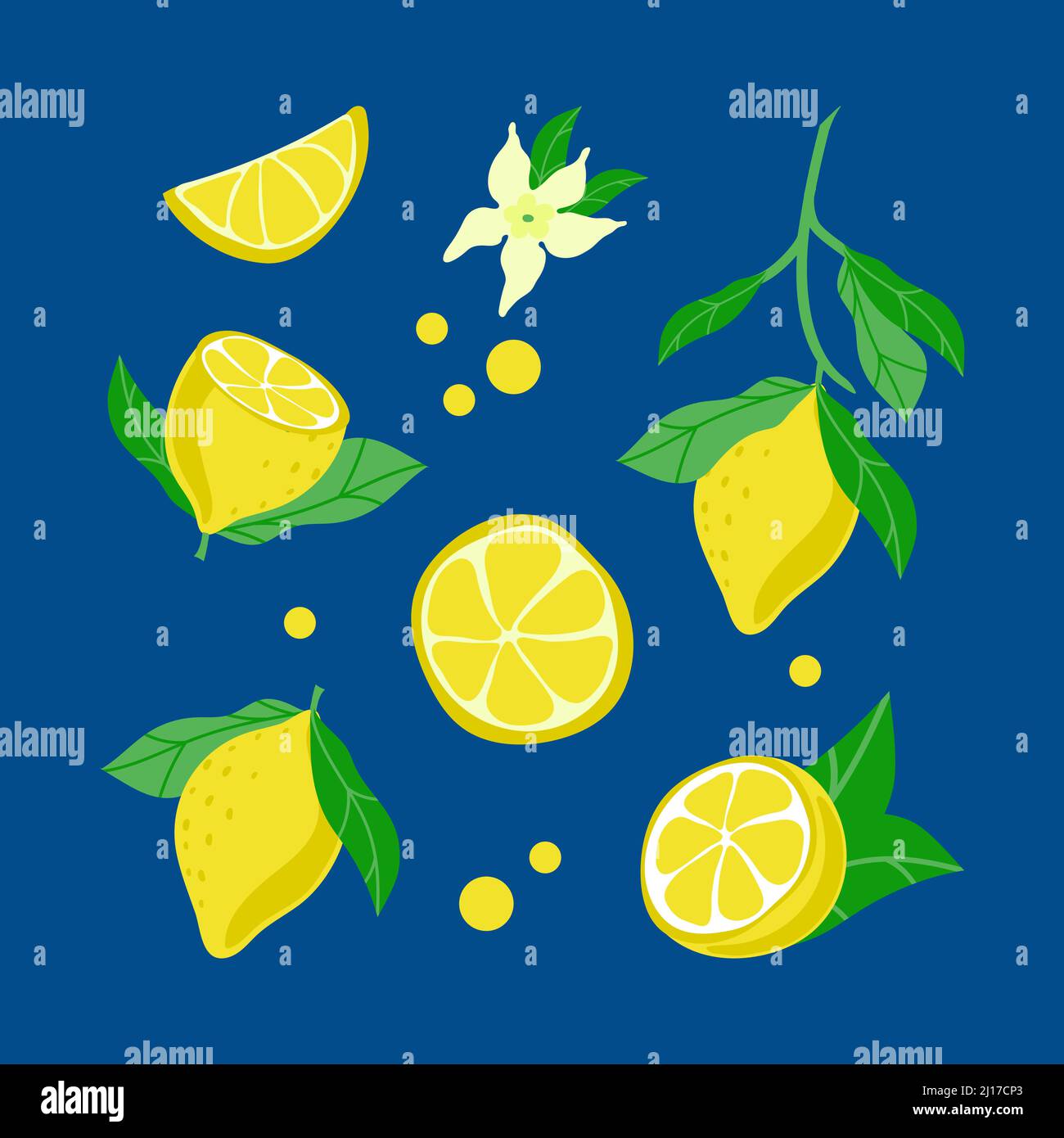 Set di limoni luminosi, elementi disegnati a mano. Estate. Fette di limone e rami di albero. Limoni gialli con foglie e fiori su sfondo blu scuro. Illustrazione Vettoriale