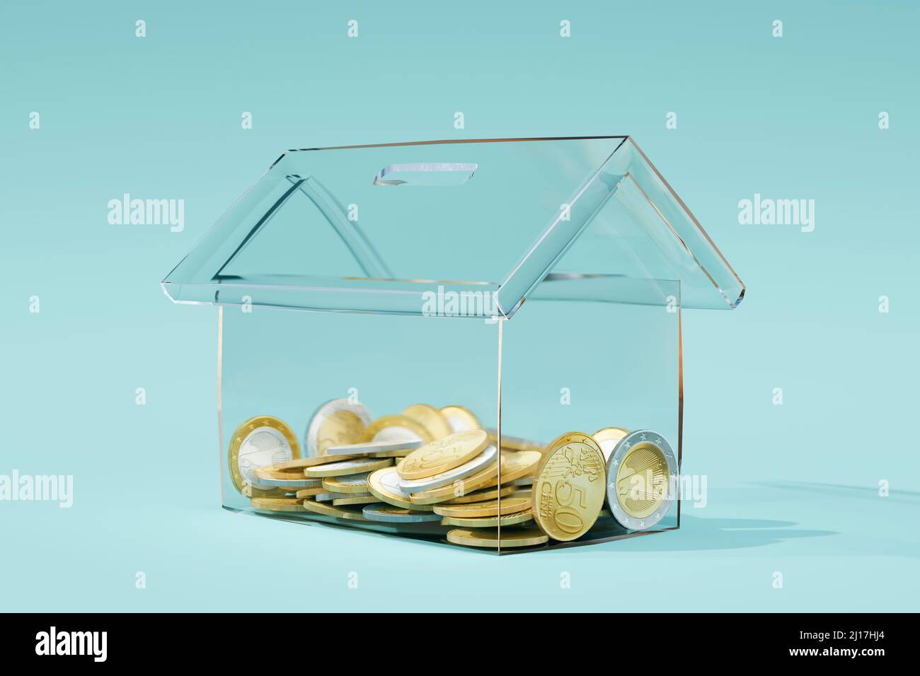 Rappresentazione tridimensionale di una banca di monete trasparente a forma di casa Foto Stock