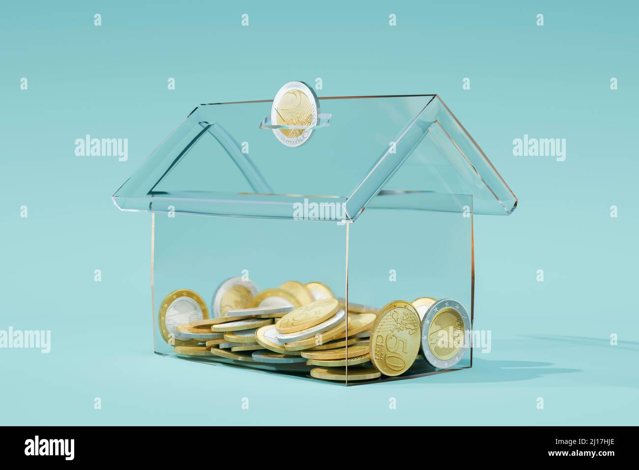 Rappresentazione tridimensionale di una banca di monete trasparente a forma di casa Foto Stock