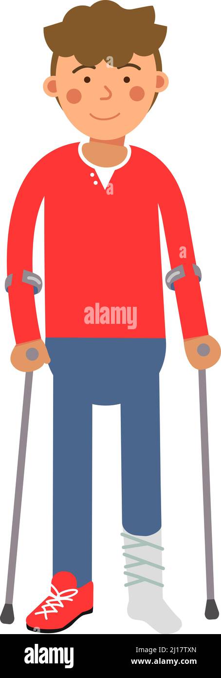 Uomo con caviglia rotta che cammina con le stampelle. Tipo ferito con gesso gettato sulla gamba Illustrazione Vettoriale