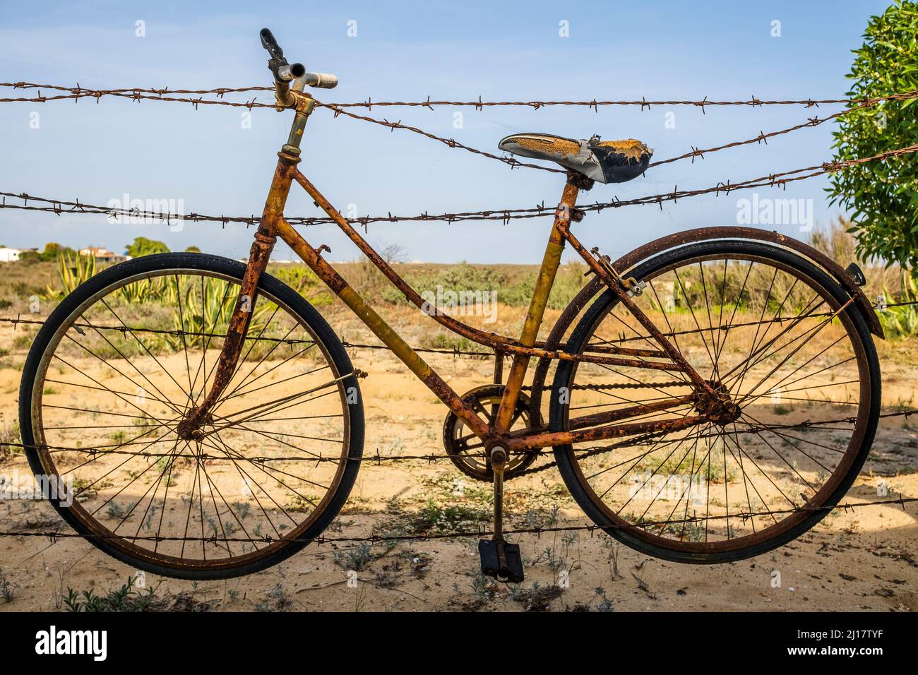 Vecchia bicicletta arrugginita appesa su filo spinato a Farol Island, Algarve, Portogallo Foto Stock