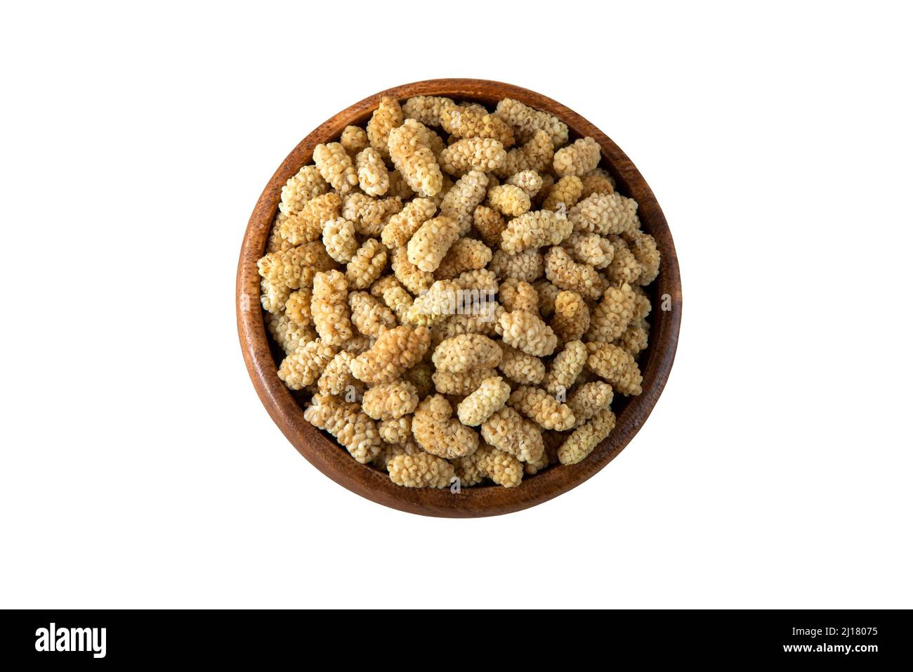 Ciotola piena di gelso secco su sfondo bianco Foto Stock