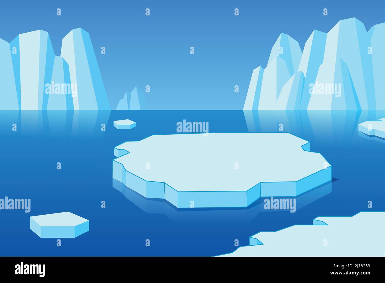 Paesaggio artico. Montagna di ghiaccio e sfondo di fumetti oceano freddo Illustrazione Vettoriale