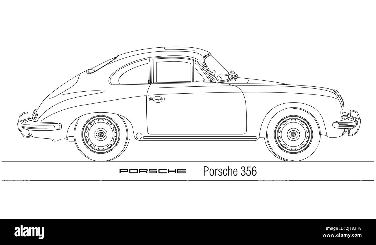 Porsche 356 vintage auto delineato silhouette, illustrazione Foto Stock