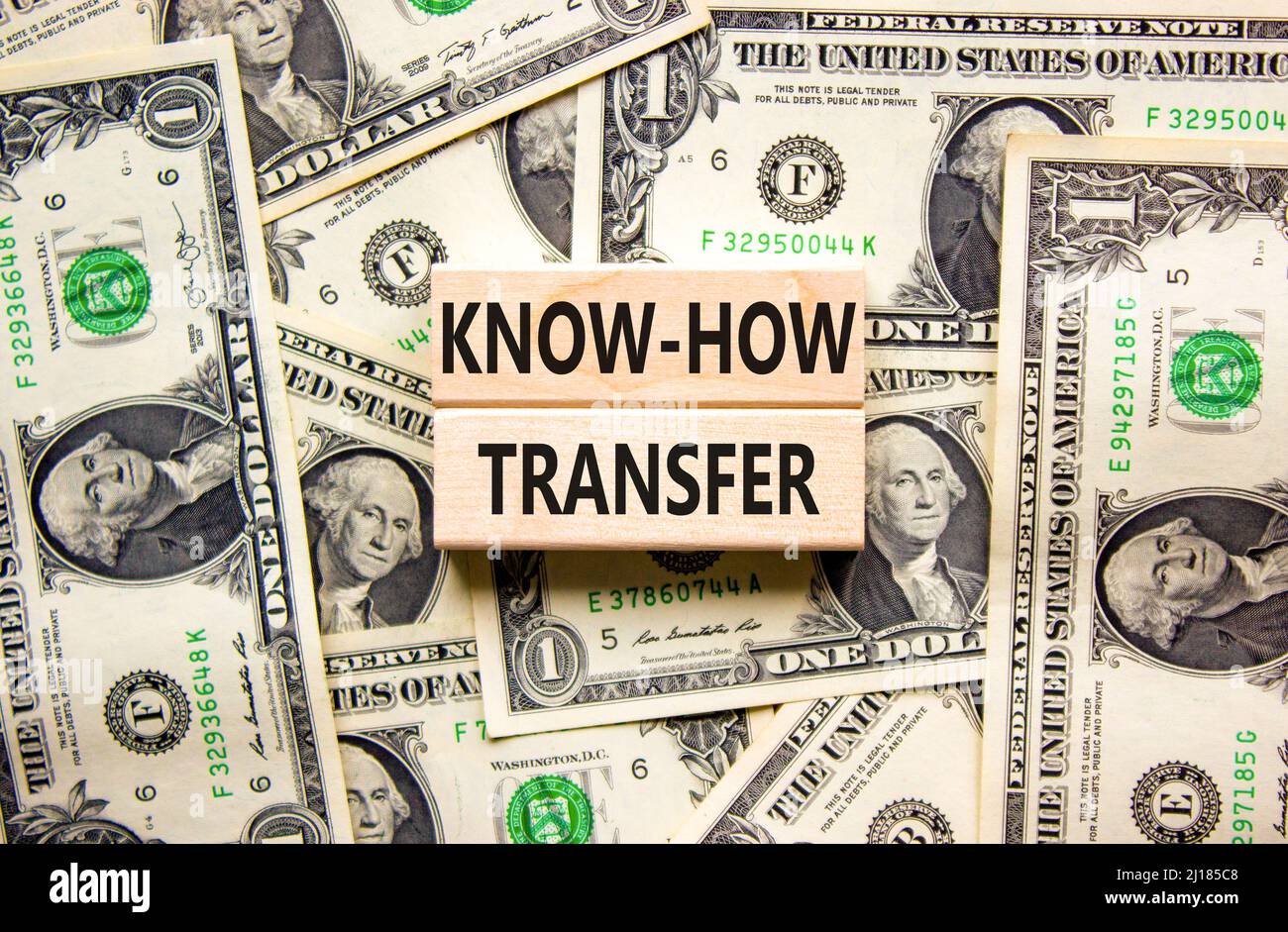 Simbolo di trasferimento del know-how. Concetto parole know-how trasferimento su blocchi di legno su sfondo bello da bollette dollaro, spazio copia. Business, innovazione Foto Stock