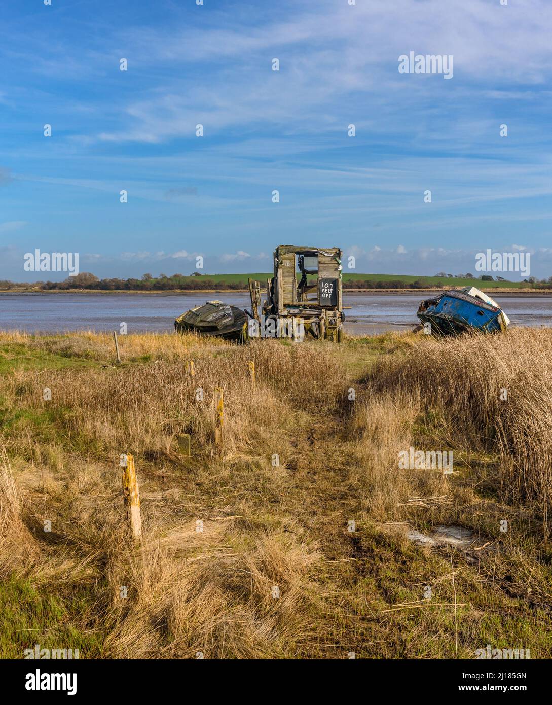 Vecchio ormeggio e molo lungo il fiume Wyre Estuary a Skippool in Lancashire Foto Stock