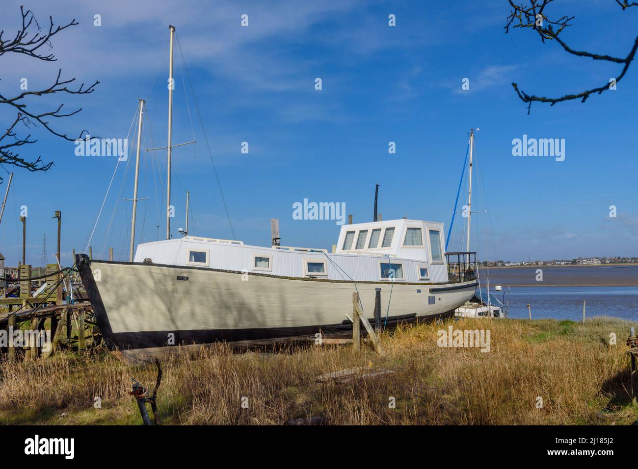 Houseboat al Wyre Borough ormeggi sul fiume Wyre Estuary, Shippool, Lancashire Foto Stock