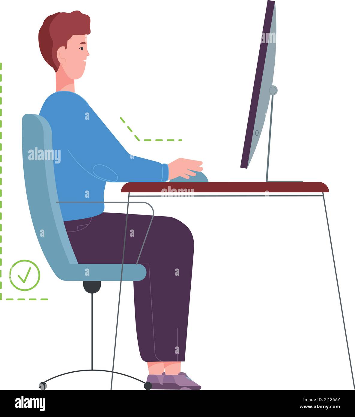 Posa sana per una lunga seduta. Sedia destra per lavoro al computer isolato su sfondo bianco Illustrazione Vettoriale