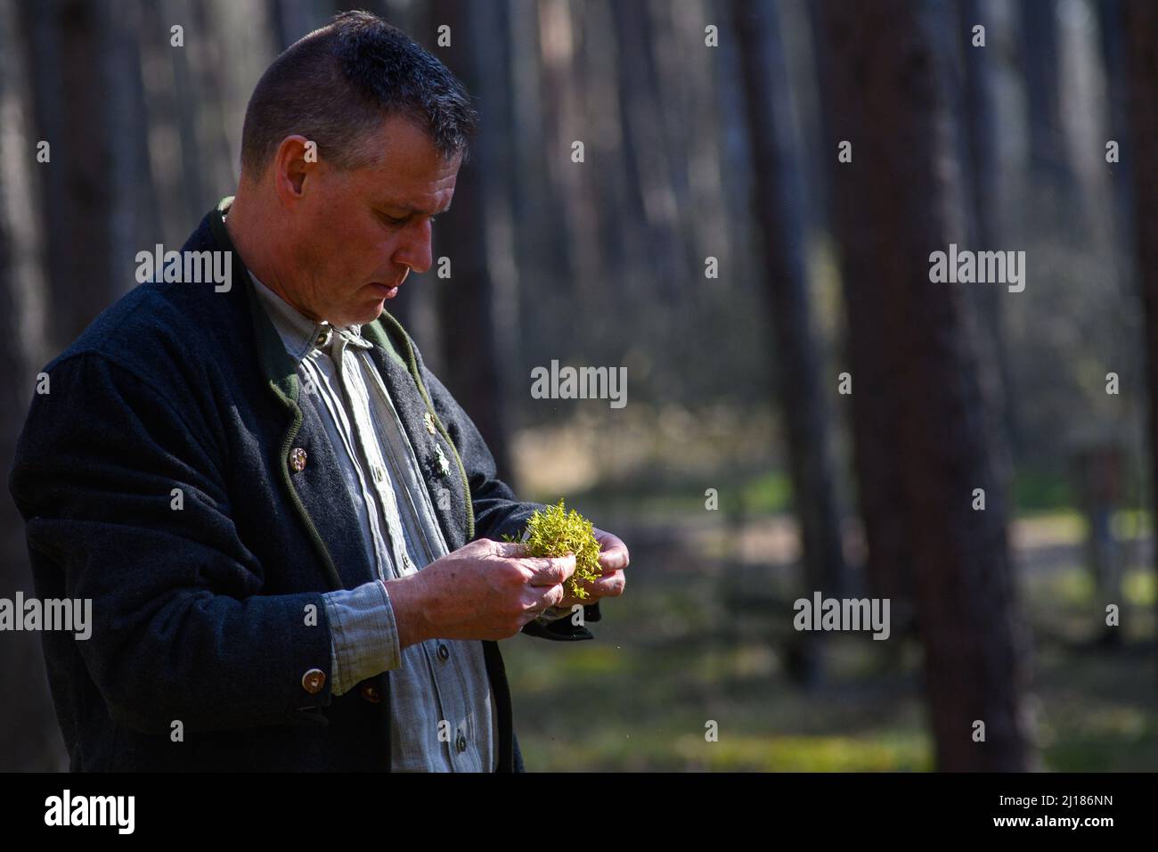 Satuelle, Germania. 23rd Mar 2022. Thomas Roßbach, capo dell'ufficio forestale di Flechtingen, guarda il suolo muscoloso di una pineta. Il terreno nella foresta è attualmente troppo secco perché a marzo c'era troppo poca pioggia. Anche se è ancora umido sotto lo strato di muschio, la vegetazione dovrebbe essere bagnata e trattenere l'acqua in questo periodo dell'anno. Ora in primavera, la vegetazione soffre soprattutto per la mancanza di pioggia. Credit: Klaus-Dietmar Gabbert/dpa-Zentralbild/ZB/dpa/Alamy Live News Foto Stock