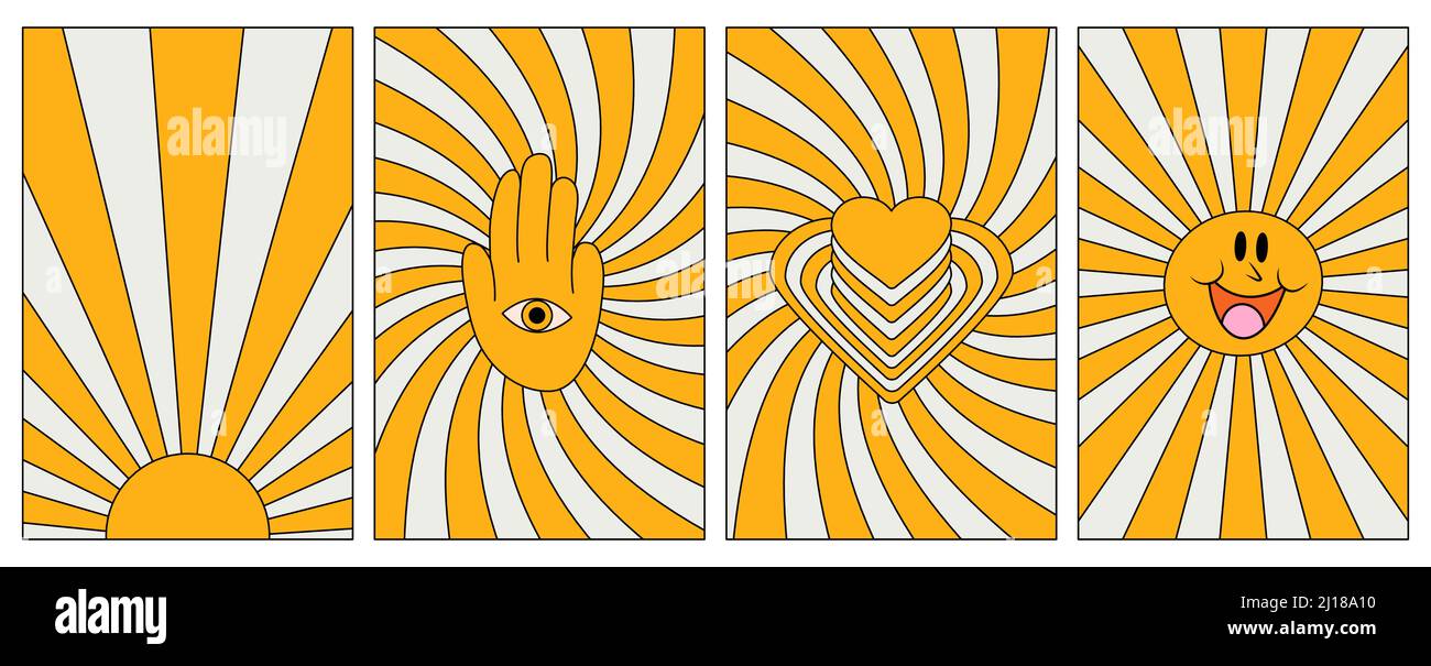 Set di hipster retrò cool elementi psichedelici. Una raccolta di clipart grovy dal 70s. Acid wave arcobaleno sfondi in 1970s 1960s hippie Illustrazione Vettoriale