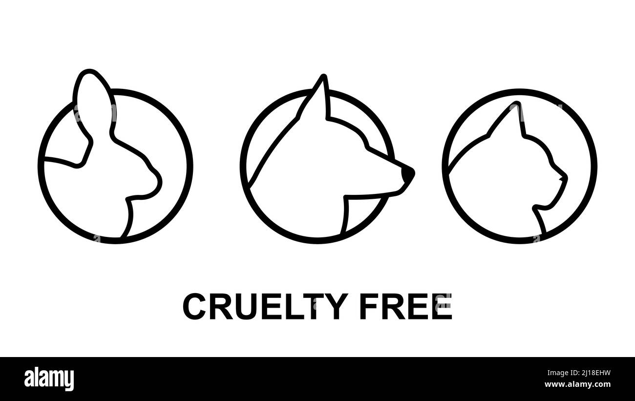 Icone crudeltà gratis con animali testa - coniglietto, cane, gatto. Non testato su animali. Set di icone nere. Illustrazione Vettoriale