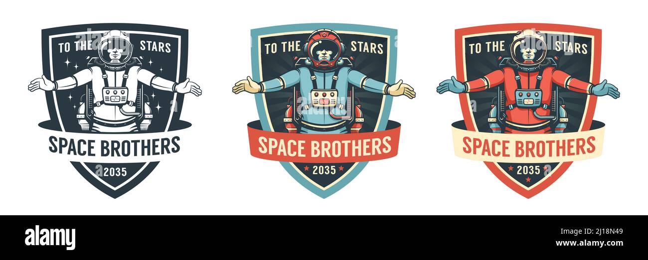 Spaceman che vola con jetpack - badge retrò Illustrazione Vettoriale