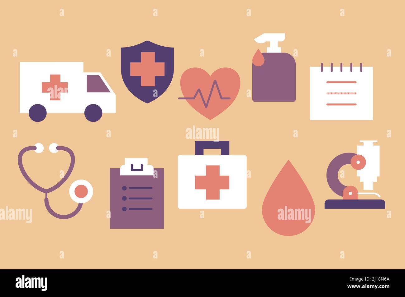 Collezione di icone mediche cartoon a colori. Set di icone di medicina sanitaria: Ambulanza, scudo, cuore, polso, disinfettante, cartella clinica, stetoscopio. Illustrazione Vettoriale