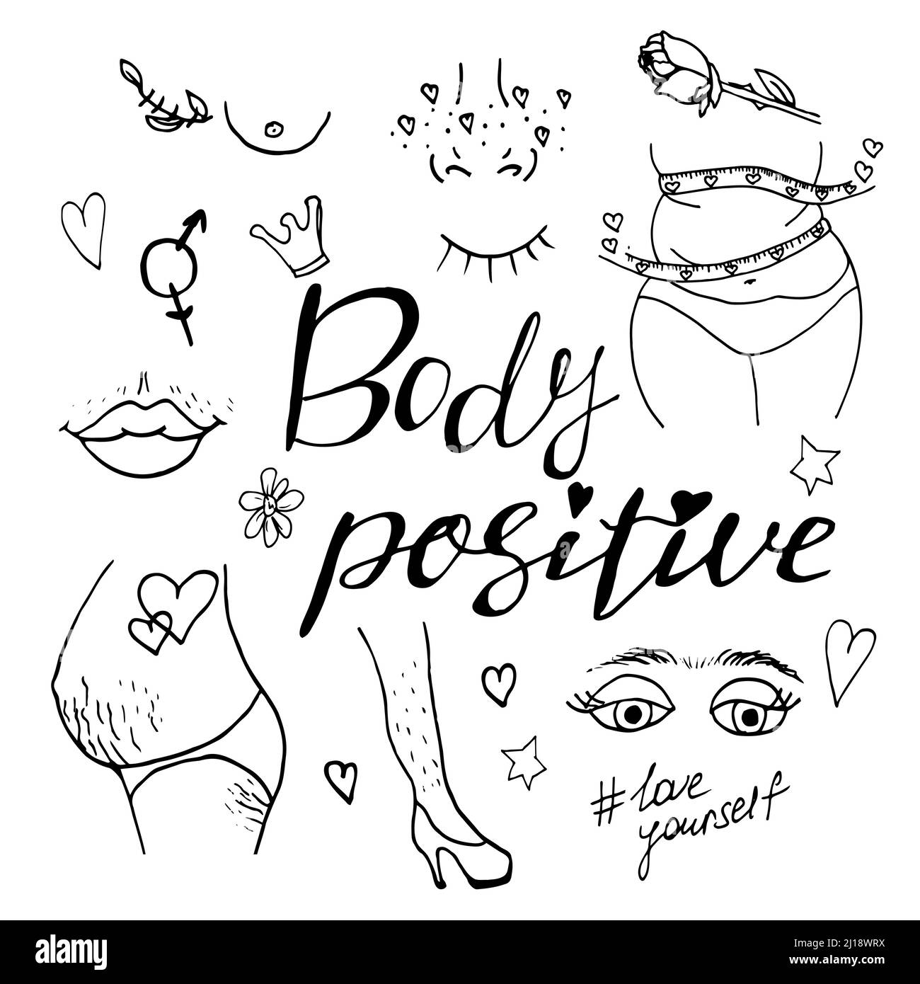 Donna labbra con baffi in stile doodle. Illustrazione vettoriale. Concetto di corpo positivo Illustrazione Vettoriale