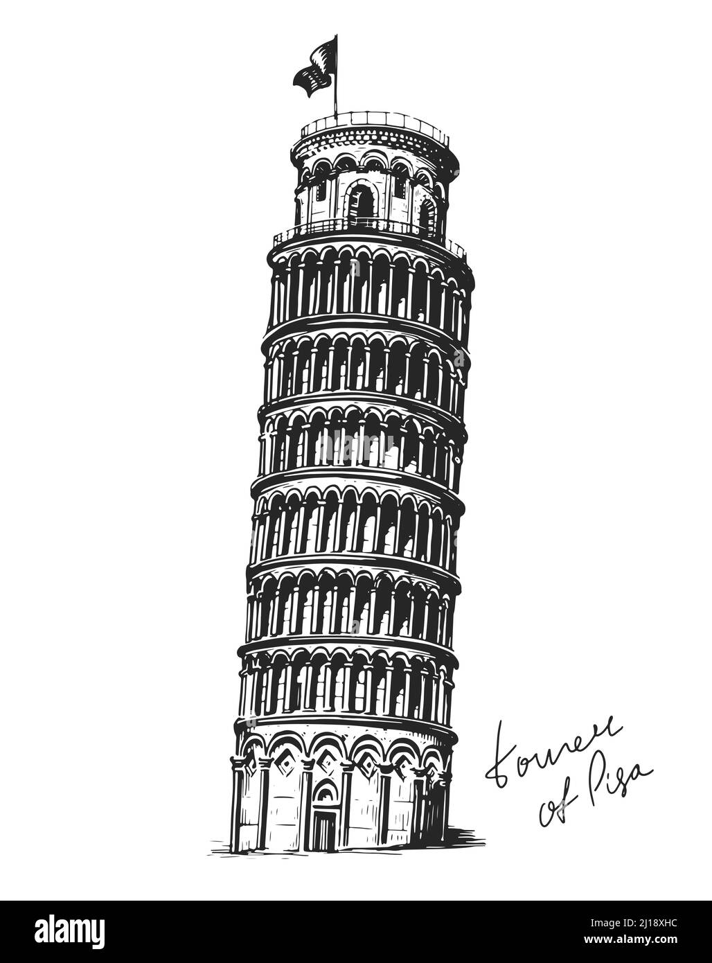 Torre Pendente Italiana di Pisa. Schizzo del punto di riferimento dell'Italia. Illustrazione vettoriale vintage Illustrazione Vettoriale