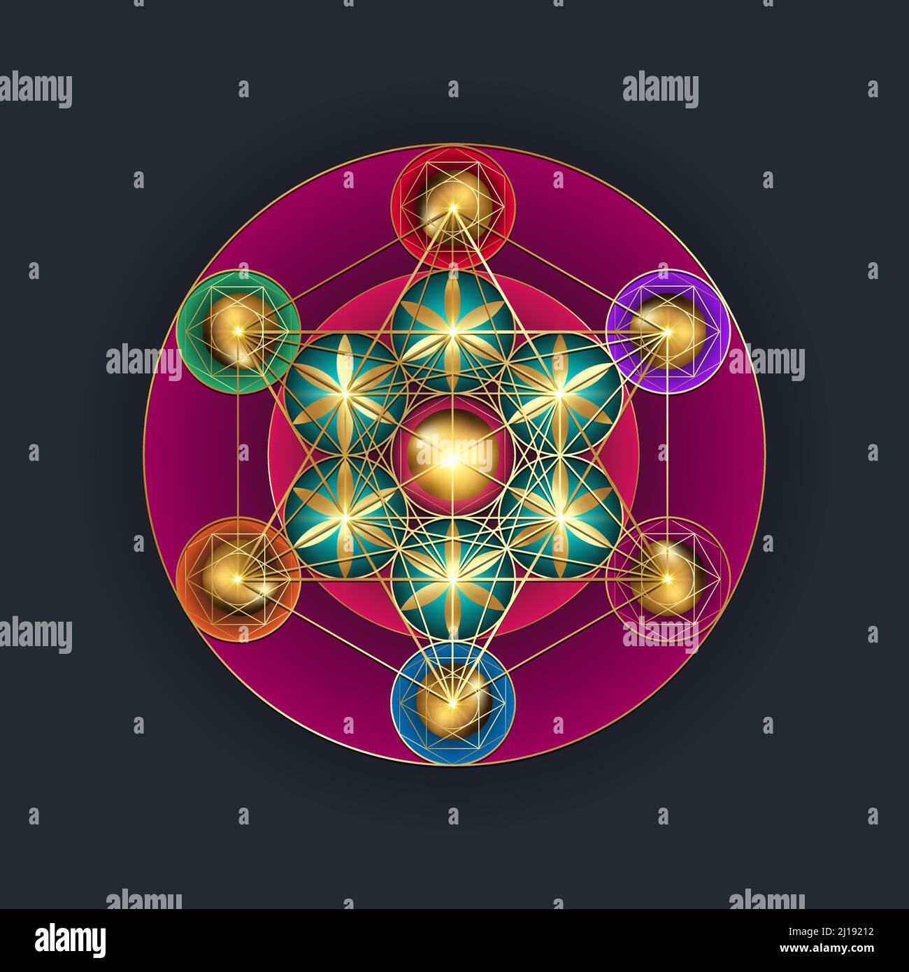 Cubo di Metatron, fiore della vita. Geometria sacra d'oro. Mystic icona colorata platonica solidi Merkabah, astratto disegno geometrico, crop cerchi segno. Illustrazione Vettoriale
