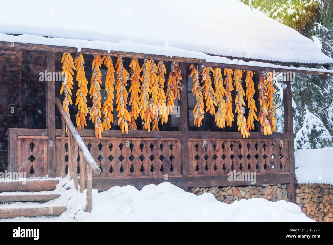 Casa rustica in villaggio vicino alla foresta. Autentica cultura tradizionale nell'architettura e nella vita. Vecchi edifici in legno in inverno. Installazione in museu Foto Stock
