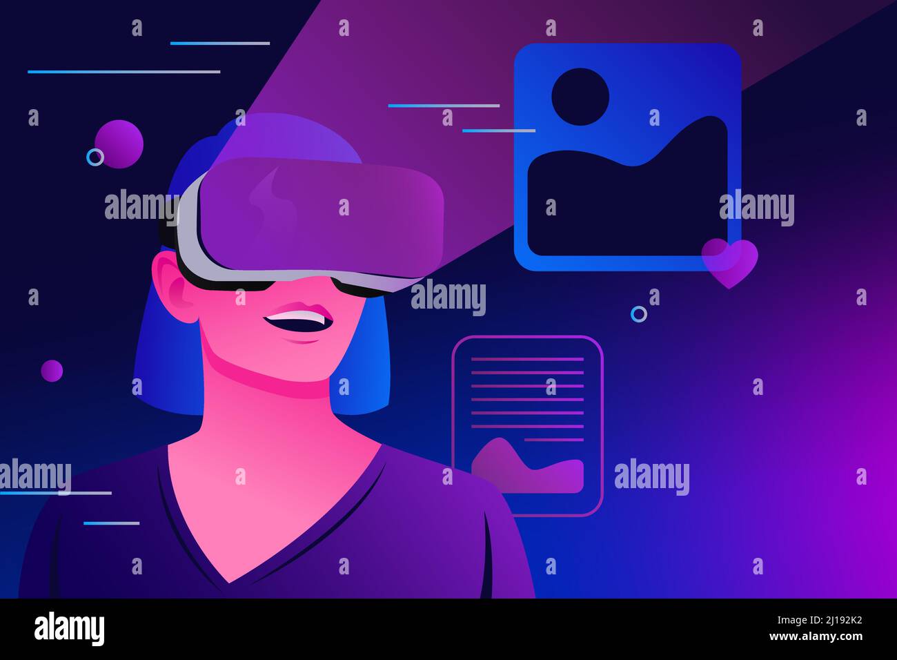 Donna nella realtà metaversa. Scambio e comunicazione di dati virtuali. Illustrazione vettoriale Illustrazione Vettoriale