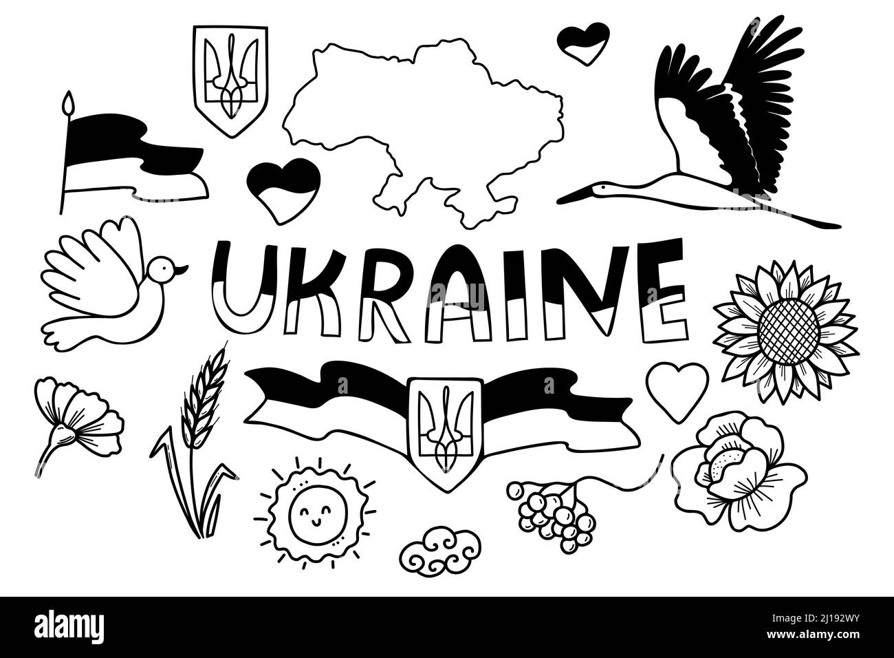 Set vettoriale simbolo ucraino. Bandiera e girasole, cicogna e colomba, spikelet di grano e papavero, mappa dell'Ucraina. Illustrazione vettoriale. Disegno lineare a mano Illustrazione Vettoriale