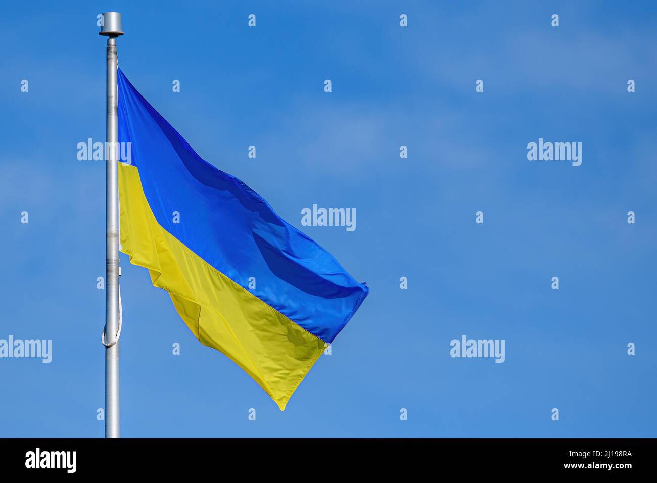 Una bandiera Ucraina vola in una leggera brezza in una giornata di sole. Cielo blu dietro con nube sottile. Foto Stock