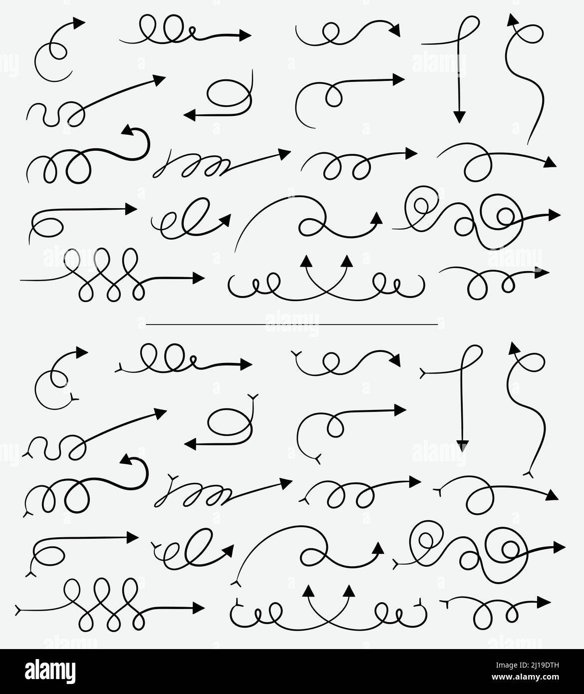 Set di frecce vettoriali, disegnate a mano, a forma di barbatella. Raccolta di frecce a vortice. Illustrazione Vettoriale