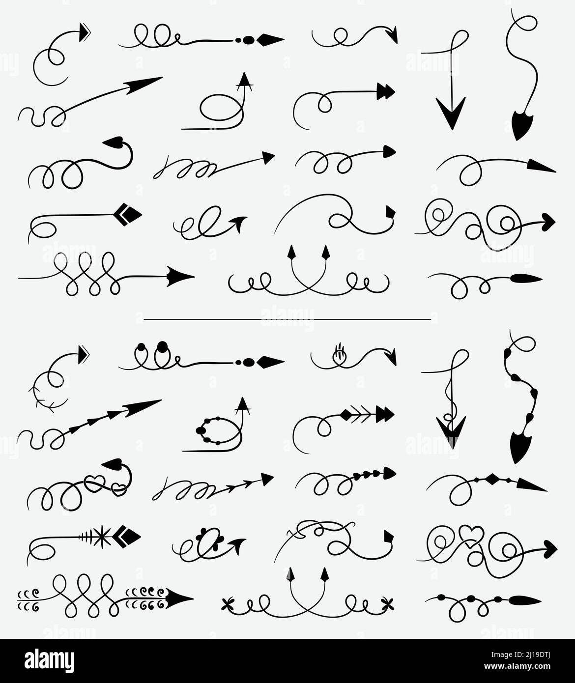 Set di frecce vettoriali, disegnate a mano, a forma di barbatella. Collezione di frecce decorate a vortice. Illustrazione Vettoriale