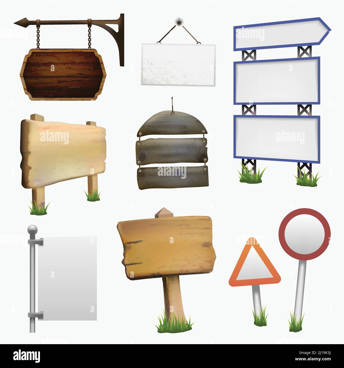 Set di guide e pannelli informativi, inclusi telai in legno e metallo e segnaletica stradale illustrazione vettoriale isolata Illustrazione Vettoriale