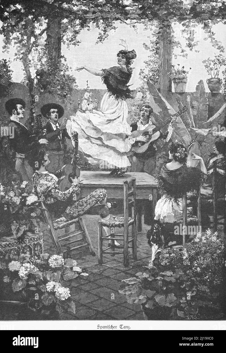 Terrazza, numerosi fiori, gruppo musicale con vari strumenti, giovane donna che balla al tavolo, buon umore, Madrid, Spagna Foto Stock