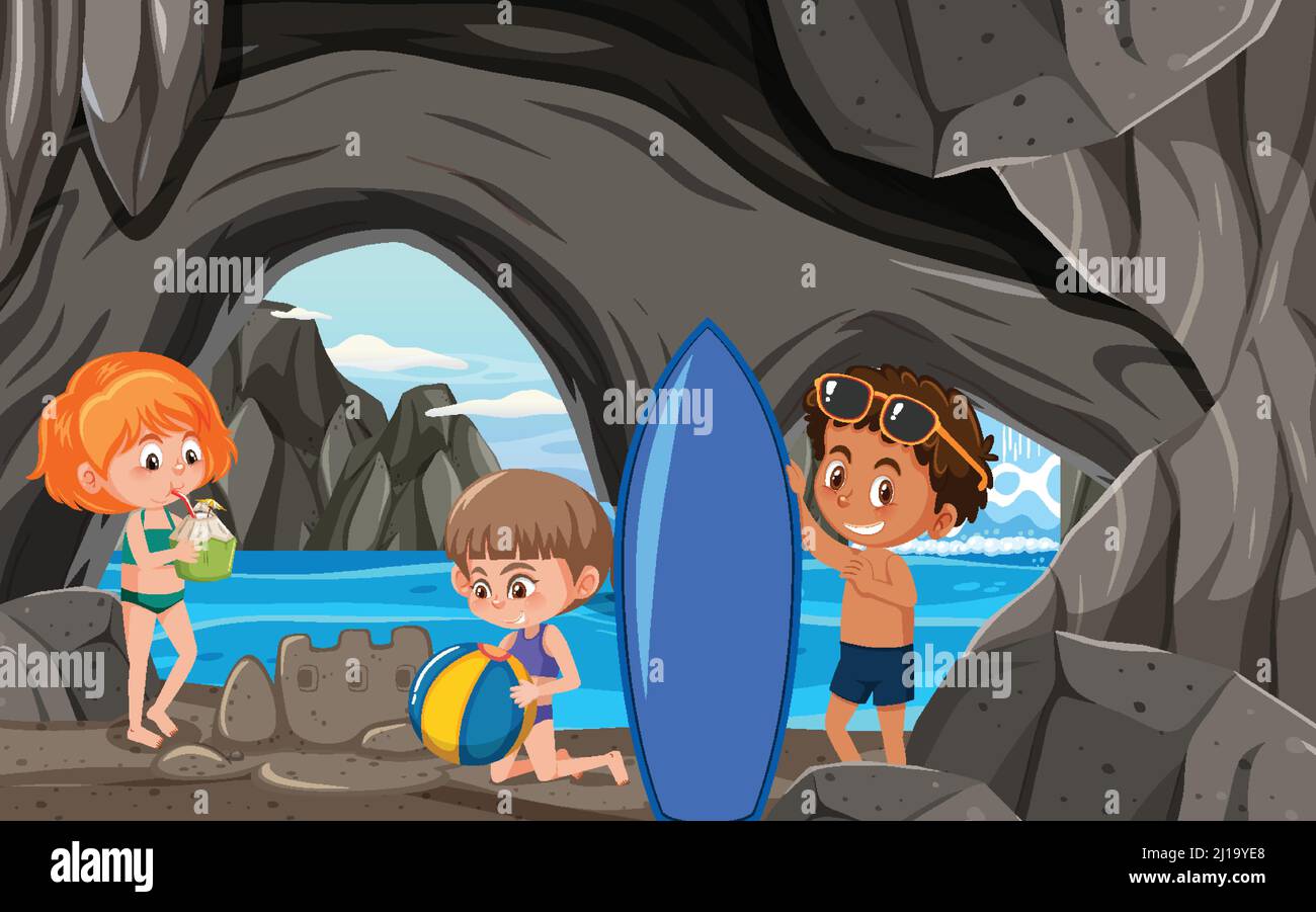 Nella scena della grotta con i bambini che esplorano l'illustrazione del  personaggio dei cartoni animati Immagine e Vettoriale - Alamy