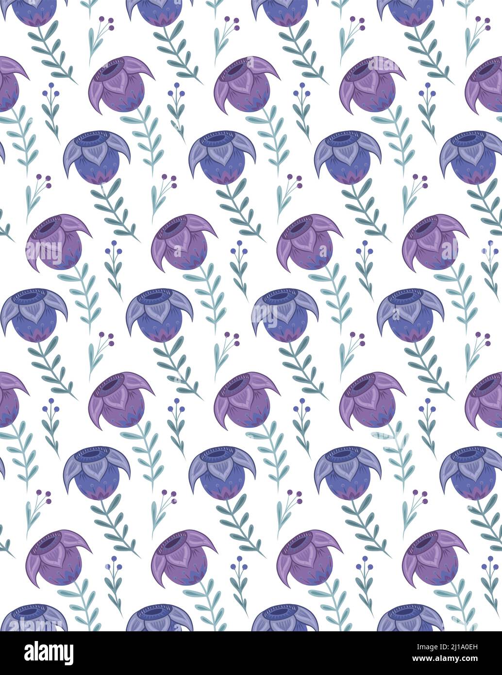 Modello senza cuciture con fiori viola su steli con arti folcloristiche su sfondo bianco. Tessuto vettoriale con tulipano e bacche con ornamenti ingenui. Naturale Illustrazione Vettoriale