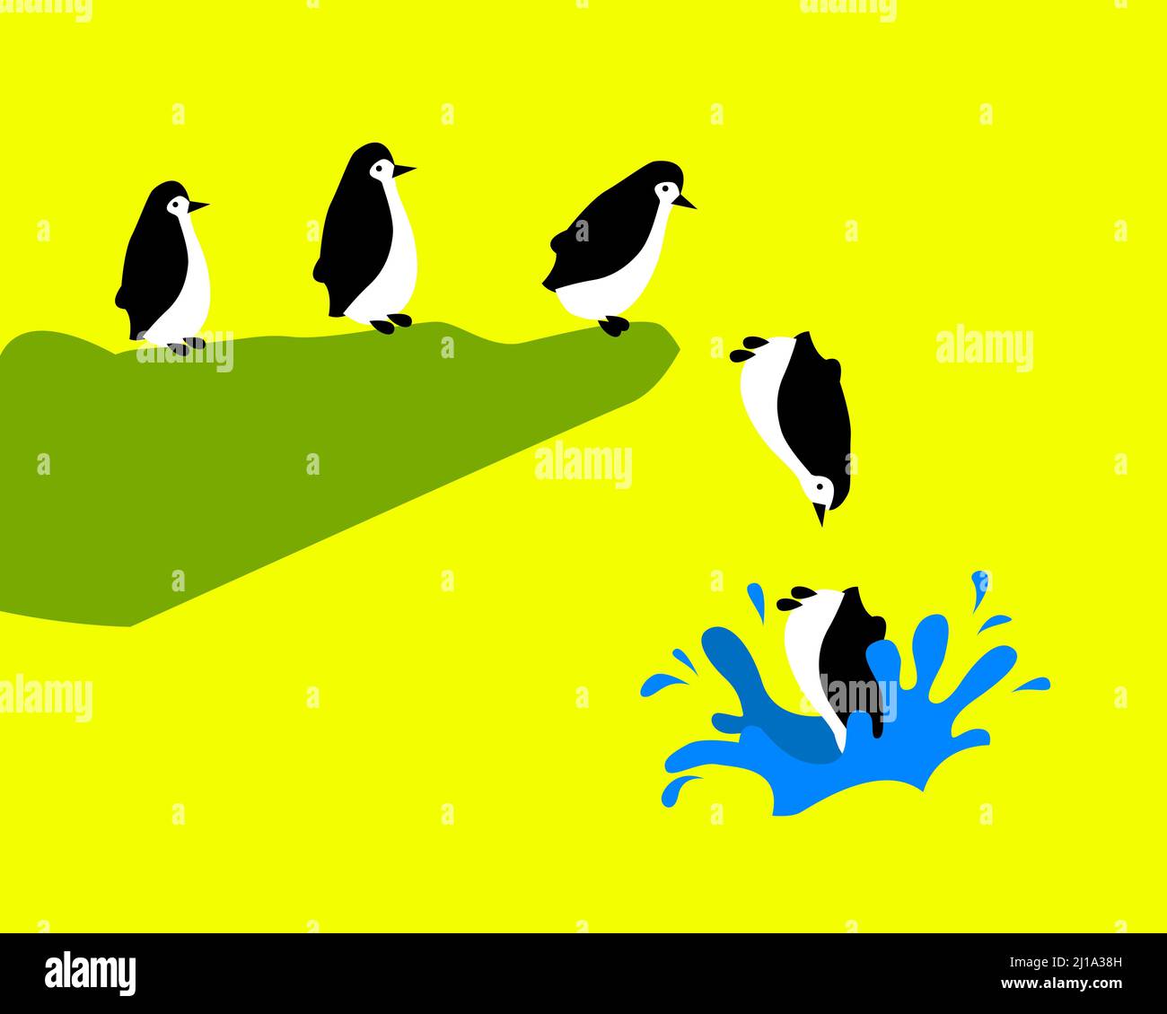 Pinguini che saltano in acqua - concetto di illustrazione vettoriale isolato su sfondo giallo Illustrazione Vettoriale