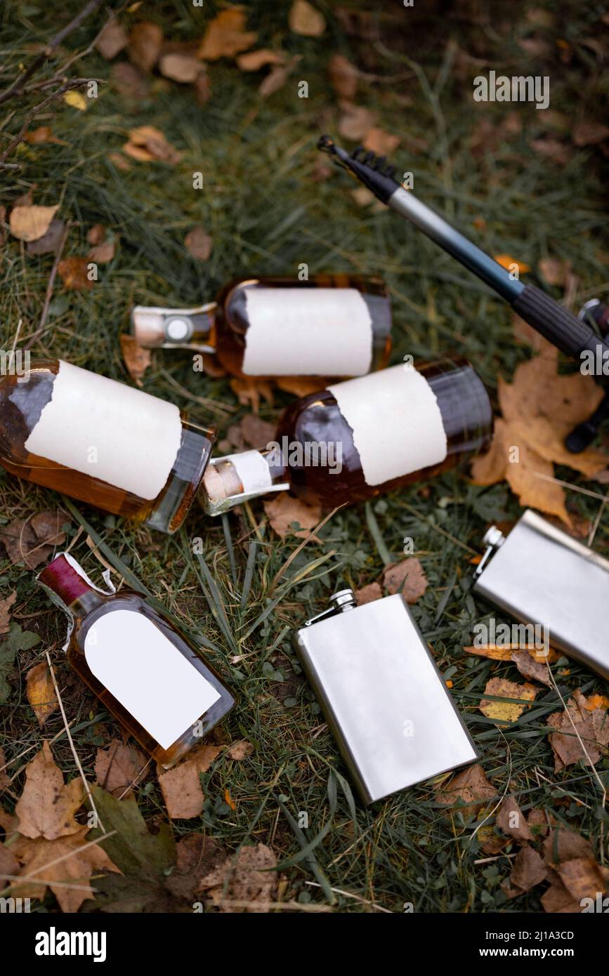Bottiglie con alcol sull'erba al pic-nic Foto Stock