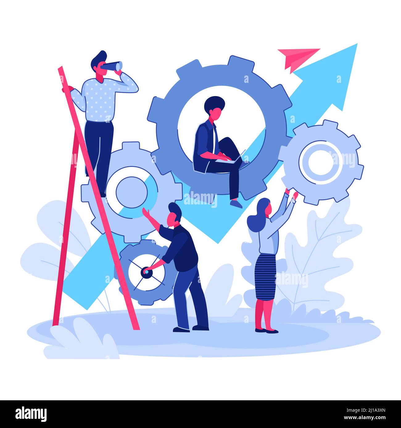 Team che lavorano insieme al progetto. Persone che si spostano meccanismo di ingranaggi, grafico di crescita piatta illustrazione vettoriale. Lavoro di squadra, gestione, concetto di cooperazione per b Illustrazione Vettoriale