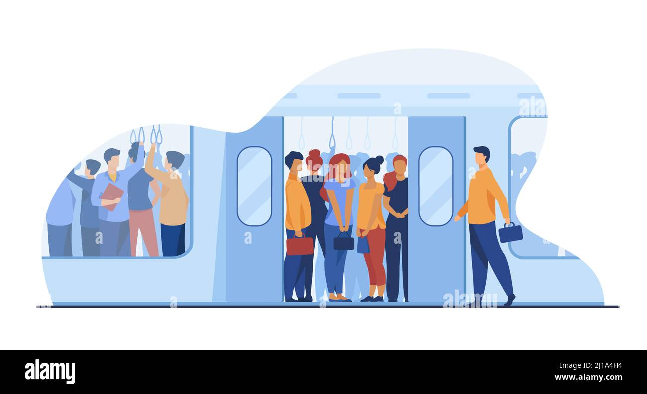 Folla di pendolari che viaggiano in treno della metropolitana. I passeggeri della metropolitana si trovano in una carrozza a tubo sovrastante. Illustrazione vettoriale per i trasporti pubblici, commu Illustrazione Vettoriale