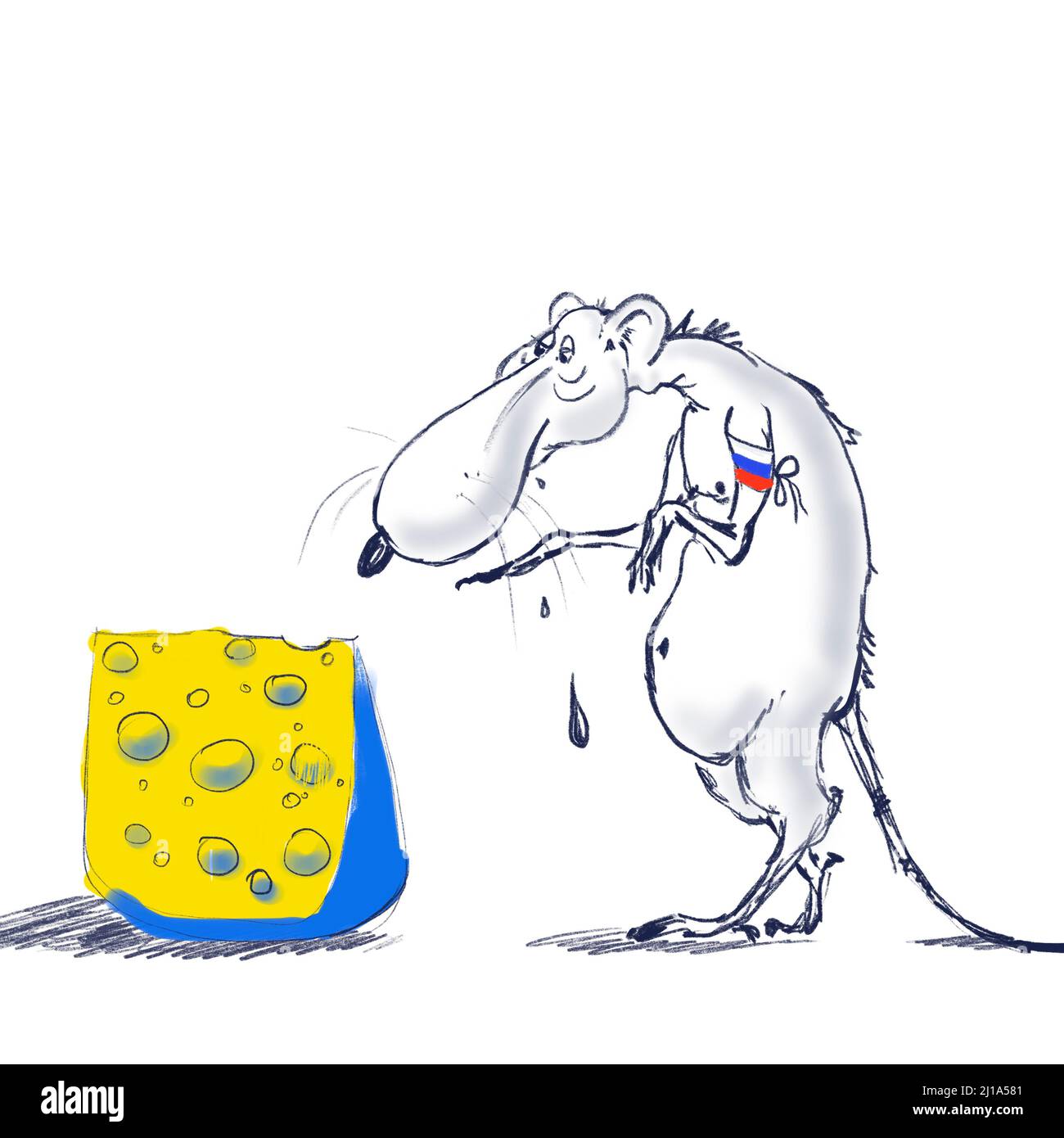 Attacco perfidioso al concetto Ucraina, cartone animato. Un ratto che intende mangiare per rubare il formaggio. Illustrazione nei colori della bandiera Ucraina Foto Stock