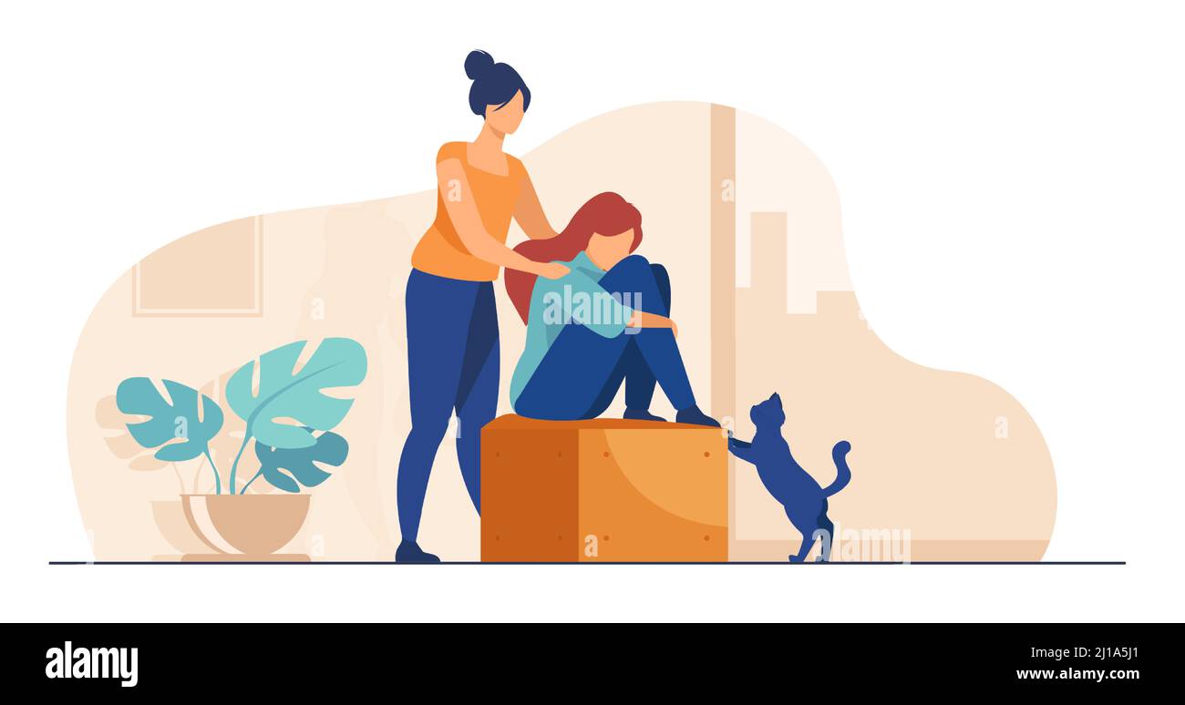 Donna che dà conforto e sostegno all'amico, tenendo le palme sulle sue spalle. Ragazza che sente stress, solitudine, ansia. Illustrazione vettoriale per counselin Illustrazione Vettoriale