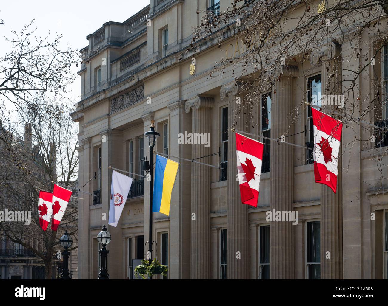 Bandiere nazionali di Canada e Ucraina, e una bandiera speciale che segna il Giubileo del platino della regina Elisabetta ll, montato sulla casa del Canada. Londra, Inghilterra. Foto Stock